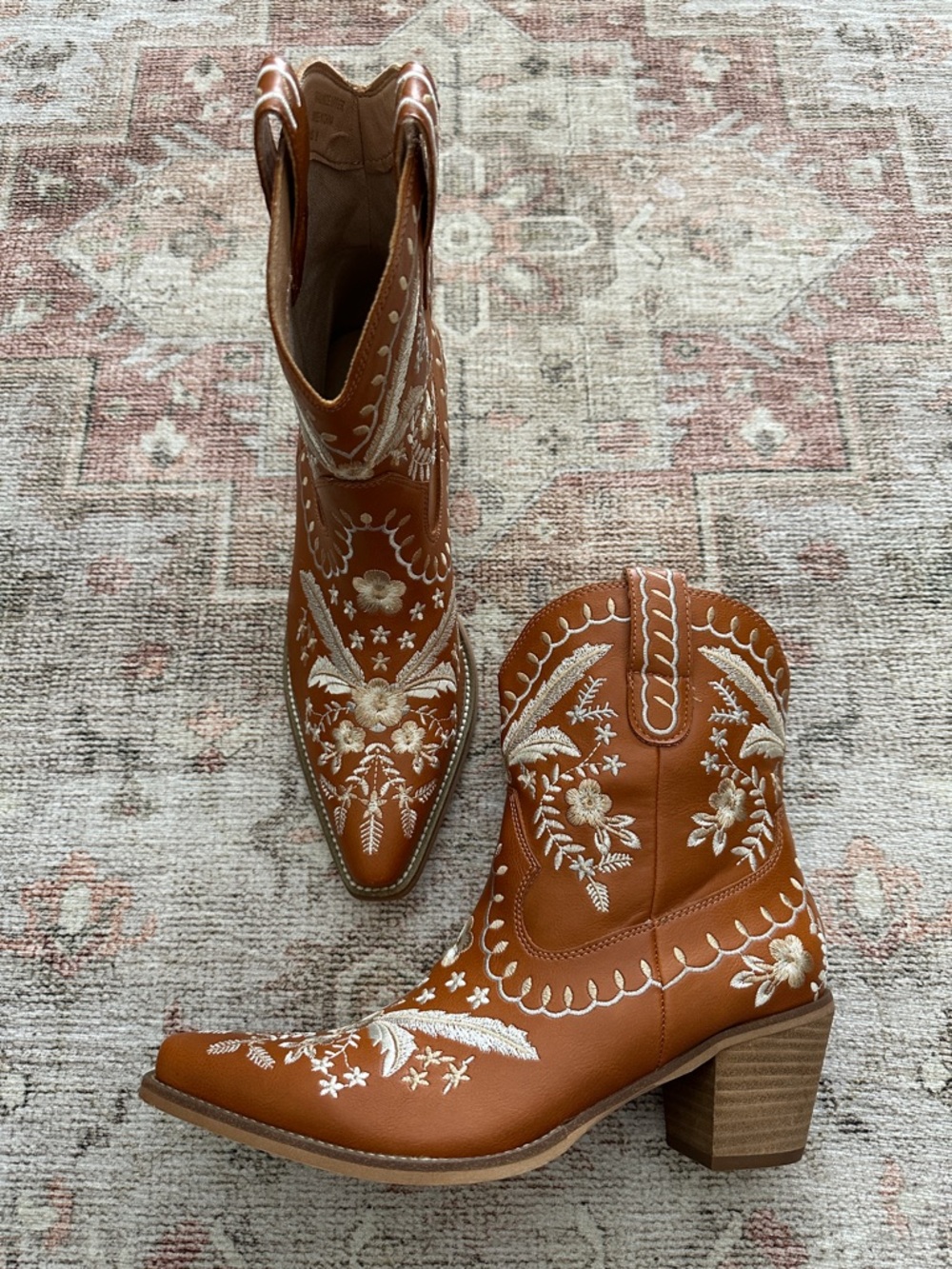 Embroidered Western Ankle Boots - Tan - Picture 5 of 12